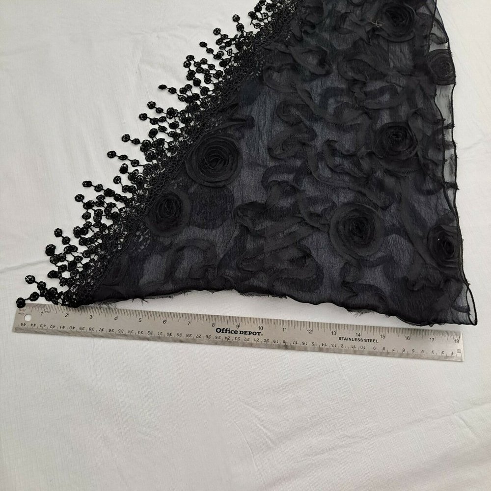 Shawl Sheer Tassel Black Swirl Ribbon Shoulder Cover Triangle 18x74 - Picture 5 of 7